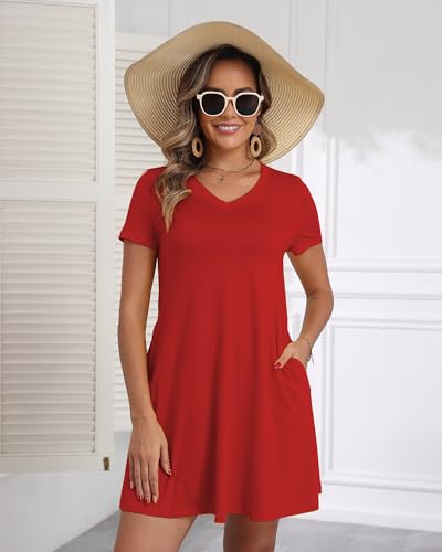 Image of COSSEN Women's Casual T Shirt Dress V-Neck Short Sleeves Swing Dresses Birthday Party Summer Travel Beach with Pocket