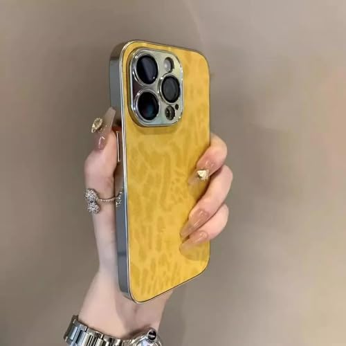 Coque en métal iPhone 14 Pro Max léopard jaune la protection rigide haute couture