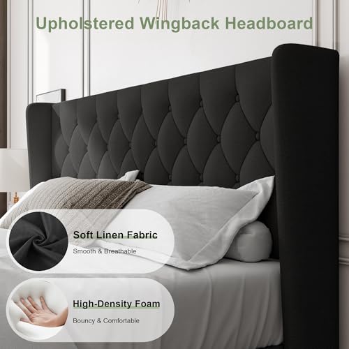 Image of Feonase King Size Bed Frame with Wingback Tufted Headboard, Upholstered Platform Bed Frame with Heavy Duty Wooden Slats Support, Noise-Free, No Box Spring Needed, Easy Assembly, Black