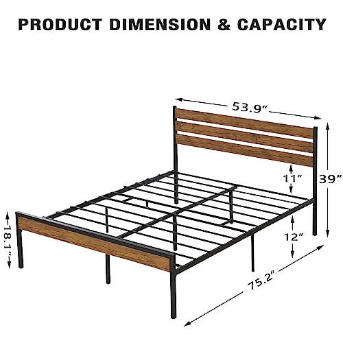 IDEALHOUSE Full Size Bed Frame with Rustic Vintage Wood Headboard, Mattress Foundation, Strong Metal Slats Platform Support, Under Bed Storage, Noise-Free, No Box Spring Needed - Image 3