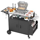 StructoMax XL Outdoor Grill Cart with Cabinet, Extra-Wide Stainless Steel Table Top, Large Spice Rack & Lockable Wheels, Outdoor Kitchen Island Grill Table for BBQ, Cooking & Prep