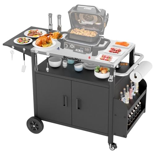 StructoMax XL Outdoor Grill Cart with Cabinet Extra-Wide Stainless Steel Table Top Large Spice Rack & Lockable Wheels Outdoor Kitchen Island Grill Table for BBQ Cooking & Prep