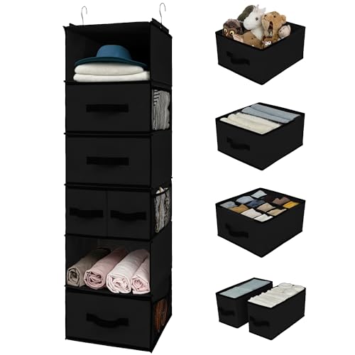 Image of GRANNY SAYS Hanging Closet Organizer 6 Shelves, Closet Organization and Storage with 5 Different Drawers, 6 Side Pockets Wardrobe Clothes Organizer for Closet, Black, 1-Pack