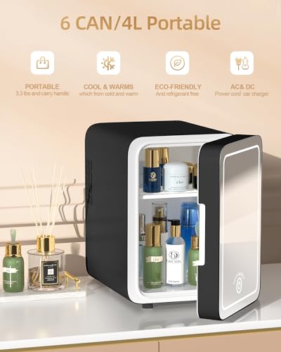Image of CUTIEWORLD Makeup Fridge With Dimmable LED Light Mirror, 4L Mini Fridge for Bedroom, Car, Office & Dorm, Cooler & Warmer, Portable Small Refrigerator for Cosmetics, Skin Care and Food, Black