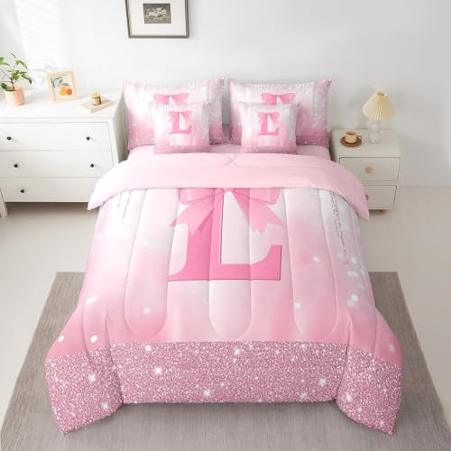 Image of Feelyou Kids Pink Bowknot Comforter Set with Sheets Twin Size, Personalized Initial L Bed in A Bag Princess Glitter 7 Pieces Bedding Set Boys Girls Bow Alphabet Teens Bed Set Bedroom Decor 7Pcs