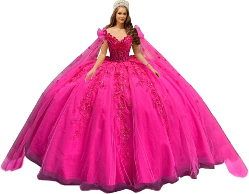Glitter Beaded Quinceanera Dresses with Cape Princess Flowers XV Dress Puffy Ball Gown with Train YU015