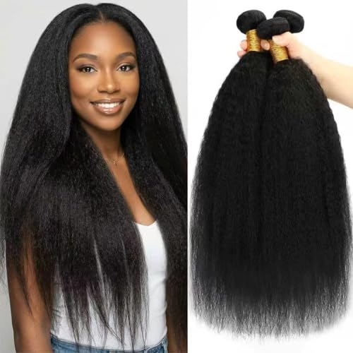 Kinky Straight Bundles Human Hair 14 16 18 Inch Yaki Straight Bundles -3 Pack Real Human Hair 100% Unprocessed Brazilian Hair Extensions Deals Black Style Keep Texture Silky Soft Sew-In Installation