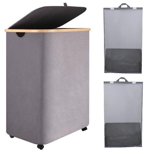 Gitohoni Double Laundry Basket Divided Hamper- 150L Large Dual Section Sturdy Cloth Bin with Lid Rolling Wheels and Removable Bags for Bathroom (Grey)