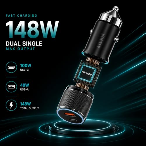 Image of AILKIN 148W 2-in-1 Car Charger with Built-in Cable, 100W QC USB-A + 48W PD USB-C Fast Charging Car Adapter, Compatible with iPhone 16 /15 /14 /13, Samsung Galaxy, iPad, Smartwatch, Earbuds, Power Bank