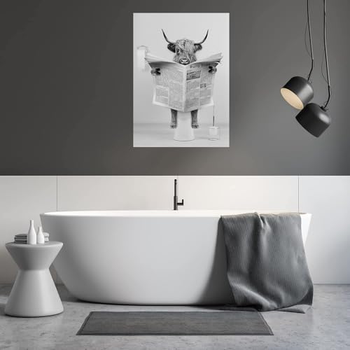 LYBOHO Black White Scottish Highland Cow Bathroom Pictures Funny Animal in the Bathtub Canvas Pictures for Living Room Bathroom Bedroom Decorative Frameless (1 Piece - Image 2