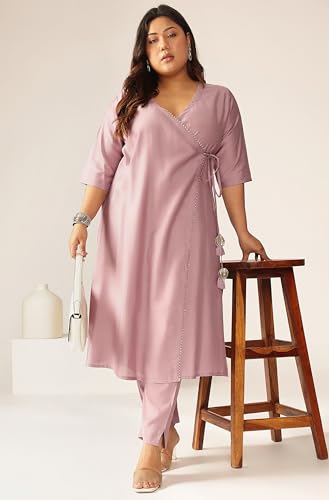 Image of Janasya Women Silk Blend Solid Kurta & Pant Set Lavender Color Trending Outfit