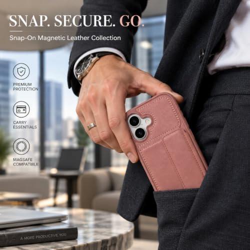Image of amazon basics Luxury Vegan Leather Back Cover for iPhone 16 | Built-in Card Holder Slot | Integrated Mobile Stand | Slim Shockproof Protective Case with Stitched Finish - Pink