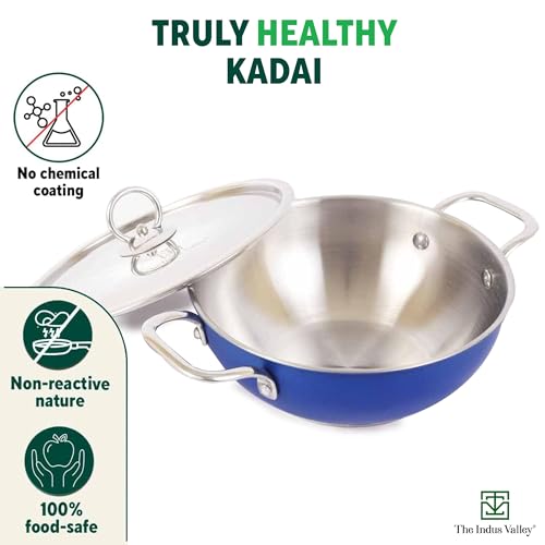 Image of The Indus Valley Coloured Stainless Steel Kadai with Steel Lid | Blue, Large, 28.8cm / 11.3 inch, 4.5Ltr, 1.2kg | Induction Friendly | Nonstick 3-Layer Bottom, 100% Toxin-Free, No Chemical Coating