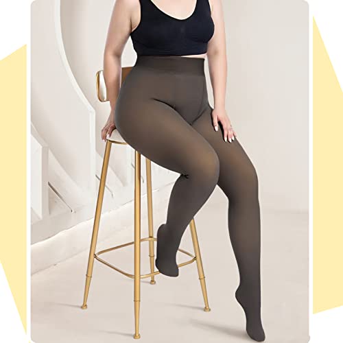 Fulnew Fake Translucent Nude Fleece Tights Winter Fleece Lined Sheer Tights Opaque Thermal Pantyhose For Women (Plussize,Black,220) #TOP3