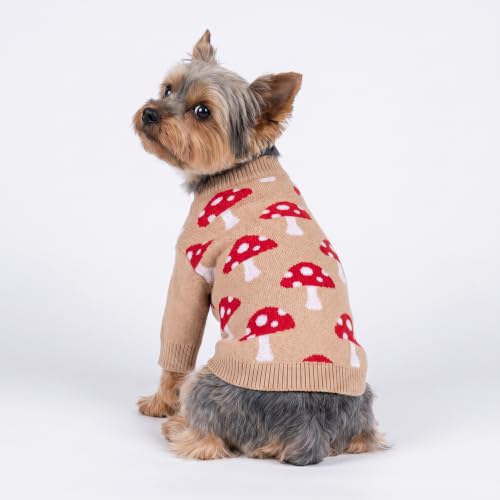 Image of Fitwarm Mushroom Dog Knitted Sweater, Cozy Winter Clothes for Small Dogs Boy Girl, Soft Pet Outfit, Beige, Red, White, Medium