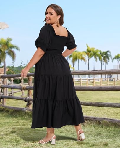 Women's Plus Size Casual Maxi Dress Square Neck Smocked Dress Short Puff Sleeve Floral Solid Summer Dress3