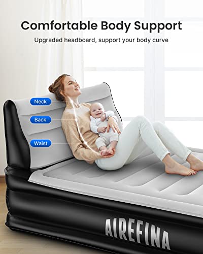 Airefina Air Mattress With Headboard, Full Size Inflatable Bed With Built-In Pump, Comfortable Flocked Surface For Home & Camping, Fast Inflation/Deflation Air Mattress, 75X54X15In, 700Lbs Max #TOP1