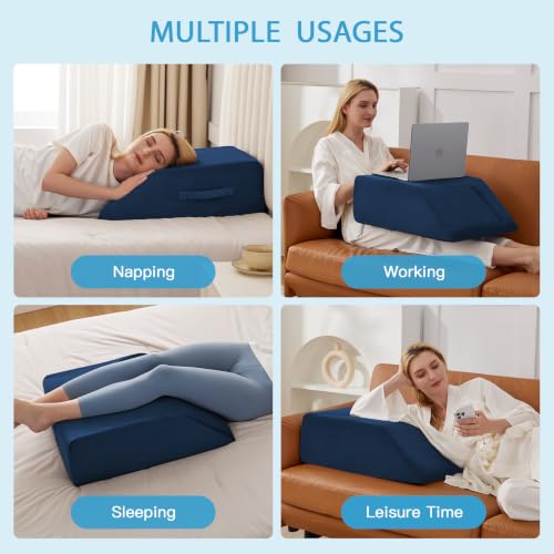 Image of MEGCXIT Leg Pillow Elevation Blood Circulation, Leg Wedge for Elevation for Swelling, Leg Elevating Pillow for After Surgery, Memory Foam Foot Knee Pillow for Back Sleeping 24x19x8 Inch Navy Blue
