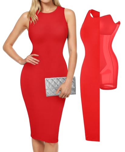 Image of Popilush Women's Bodycon Dress Ruched Sleeveless Slimming Shapewear Casual Club Evening Party Cocktail Midi Fall Dresses