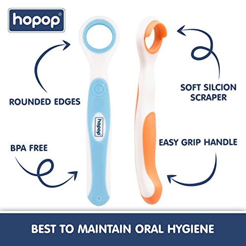 Image of Hopop Tongue Cleaner for Baby | Rounded Edges Baby Oral Cleaner Toothbrush | 100% Safe Kids Tongue Cleaner | Suitable from 3+ Months | Pack of 2 | Blue & Orange