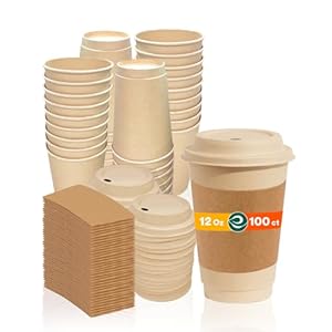 ECO SOUL 100% Compostable Coffee Cups With Lids & Sleeves – 12 Oz (100 Counts) Pfas Free To Go Coffee Disposable Bagasse Cups |Sturdy & Eco-Friendly Cups for Cafes, Party, Office