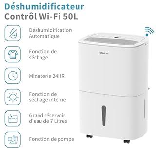 SHINCO WIFI Déshumidificateur Portable 50L/Jour avec Pompe de Relevage, Purificateur d'air, Filter à Charbon Actif, Minuterie 24h, Drainage Continu, Fonction Sèche-Linge, Blanc