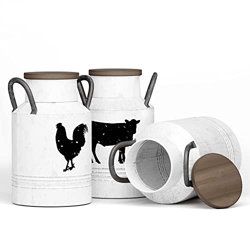 Barnyard Designs Decorative Galvanized Metal Jars With Rustic Handles, Wood Lids And Tray, Vintage Farmhouse Primitive Country Home Decor Jugs With Farm Animal Designs, White, Set Of 3 #TOP4
