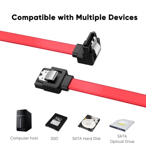 Image of Tobo SATA III Cable • 8-Inch /0.6FT • SATA III 6.0 Gbps • 7pin Female to Downward Right Angle Female Data Cable • with Locking Latch • Support for 2.5'' SSD,3.5''HDD Drive • Red (Pack of 2)