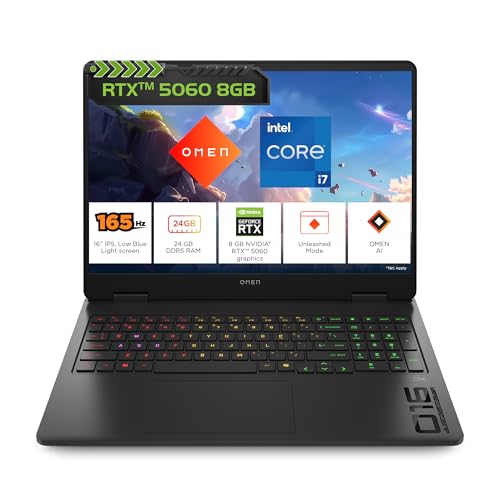 Image of HP Omen, Intel Core i7-14650HX 14th Gen, 8GB RTX 5060, 24GB DDR5(Upgradeable) 1TB SSD, 165Hz, 2k WUXGA, 3ms, 400 nits, 16'' /40.6cm, Win11, M365* Office24, Black, 2.43kg, am0239TX, RGB Gaming Laptop