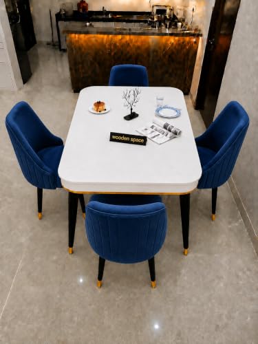 Image of WOODEN SPACE 4 Seater Wooden Dining Table Set | Urban Marble Top Dining Table with Chairs for Dining Room & Kitchen (Modern Infinity Navy Blue) (54 x 36 x 30 inch)