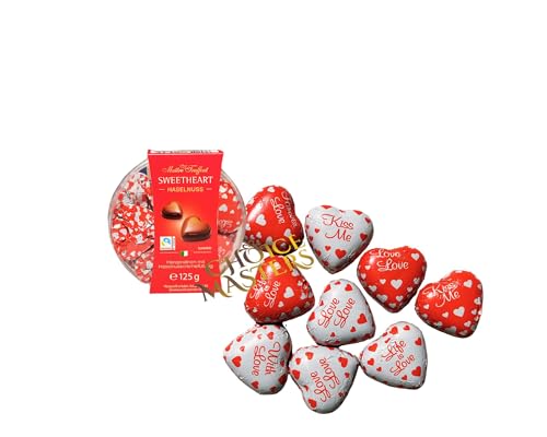 Chocolate Heart Gift | Exquisite Kiss Me/Love Heart Pralines Individually Wrapped Foiled Chocolate Small Gift Box with Velvety Hazelnut Cream Filling - 125g
