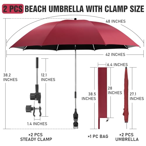 Image of 2 PACK Beach Umbrella with Clamp, 360 Adjustable Umbrellas for Chair, UPF50+ Umbrella for Beach Chair, Patio Chair, Wheelchair, Camping Chair, Golf Carts (Chair Not Included)
