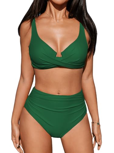 Image of CUPSHE Women's Bikini Sets High Waisted Underwire Adjustable Straps Ruched Full Coverage Bottom Two Pieces Swimsuit Alpine Green M