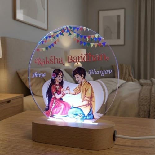 Image of Personalized Raksha Bandhan LED Acrylic Lamp for Brother & Sister | Custom Name Rakhi Night Light with Brother Sister Artwork | Customized Rakshabandhan Gift for Bhai Behan
