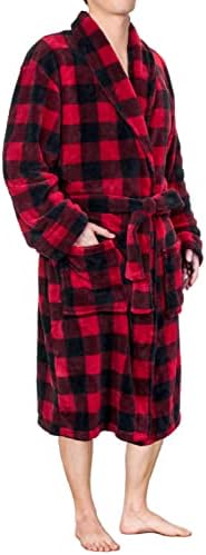 PAVILIA Mens Soft Plush Robe | Flannel Fleece Plaid Red Robes for Men, Fuzzy Spa Bathrobe with Shawl Collar and Pockets (Buffalo Check Red)