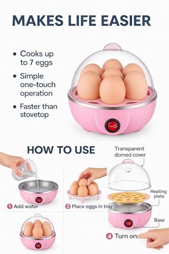 Image of Egg Boiler Electric Automatic Off 7 Egg Poacher For Steaming, Cooking, Boiling And Frying, 350 Watts (PINK)