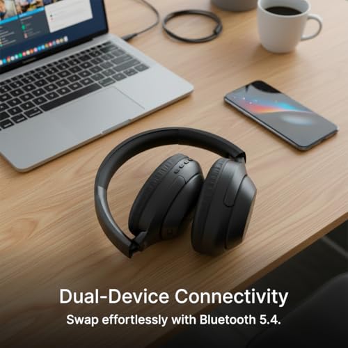Image of pTron Studio Classic w / 75Hrs Playtime, Wireless Over Ear Headphones w /HD Mic, Dual Device Pairing, TruTalk AI-ENC Calls, Low-Latency Game & Music, Deep Bass, BT5.4 & Type-C Charging (Black)