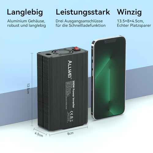 ALLWEI 300W Wechselrichter 12V auf 230V Spannungswandler, Stromwandler mit Typ-C & USB Anschluss, Inverter 12V 220V, Auto Steckdose für Auto, Laden von Handys, Laptops und Anderen Geräten (Schwarz)