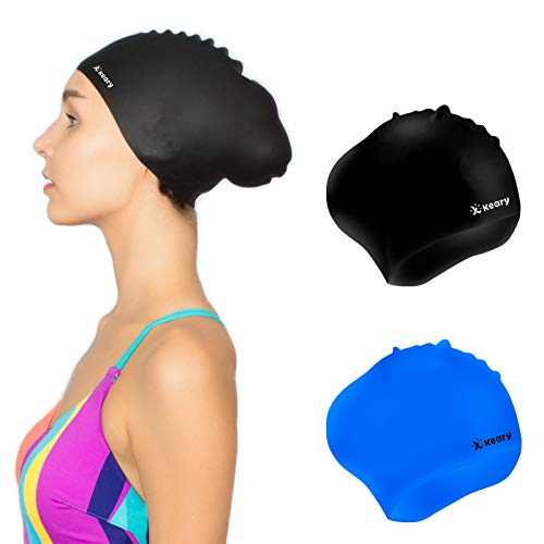 Keary 2 Pack Silicone Swim Cap for Long Hair Women Girls Waterproof Pool Swimming Cap Cover Ears to Keep Your Hair Dry, 3D Ergonomic Soft Stretchable Durable and Anti-Slip, Easy to Put On and Off