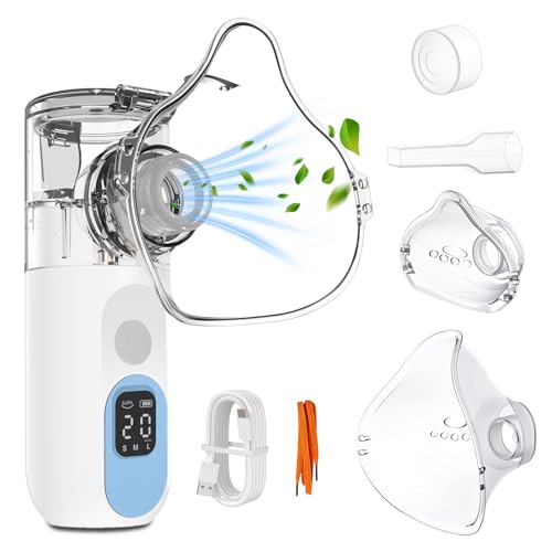 Nebulizador Portátil, Nebulizador Silencioso con Display LED, Nebulizador Bebe 3 Modos de Pulverización, Limpieza Automática, 2 Máscaras y 1 Boquilla para Adultos y Niños, Recargable USB-C (BL)