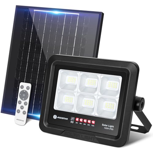 Aigostar Foco Proyector LED Solar con mando a distancia 100w, Blanco Frío 6500K, Foco Solar Exterior Impermeable IP65,Proyector LED Exterior con Brillo y Sincronización ajustables para Jardín,Garaje
