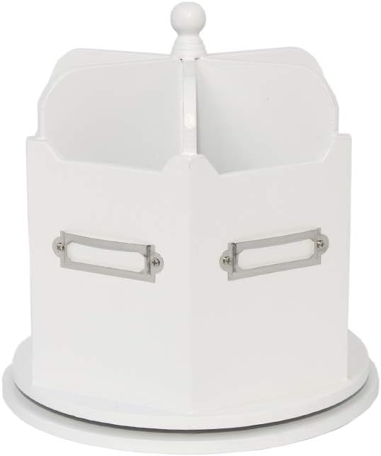 Spinning Desktop Stationary Organizer – Decorative Wooden Rotating Pen and Pencil Cup – Elegant 6 Compartment White Desk and Table Top Office Supplies Station with Labels- by Designstyles