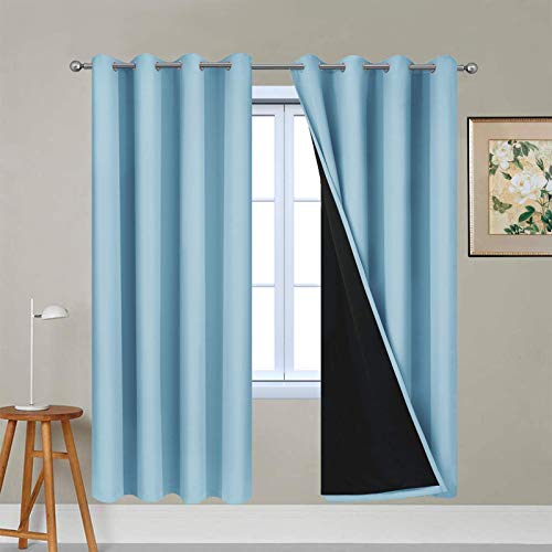 Image of Yakamok Sky Blue 100% Blackout Curtains 72 Inches Long 52 inch Wide 2 Panel | Blackout Curtain Panels for Bedroom, 2 Thick Layers Grommet Top Thermal Insulated Drapes with Black Liner for Living Room
