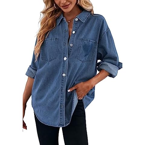 Women's Casual Button Down Denim Shirt Long Sleeve Boyfriend Oversized Jean Jacket with Pockets Cover