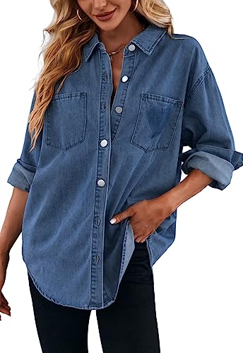 Women's Casual Button Down Denim Shirt Long Sleeve Boyfriend Oversized Jean Jacket with Pockets