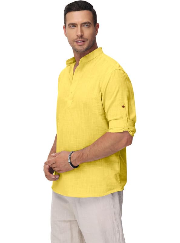Image of Macsivo Men's Cotton Blend Solid Short Kurta with Regular Lenth Mandarin Collar Short Button Placket Rolled up and Full Sleeves Kurta for Men