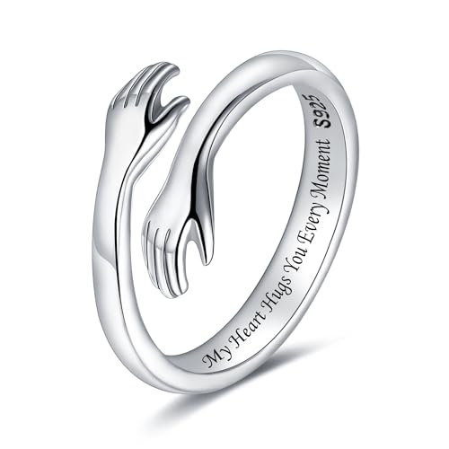 LOVECOM S925 Sterling Silver Hug Rings for Women Couple 14K Gold Plated Adjustable Hands Open Ring Hug from Heaven Hope Ring Jewelry Birthday Gifts for Mother Daughter Girlfriend Sister Friend (My Heart Hugs You Every Moment US Size 7)