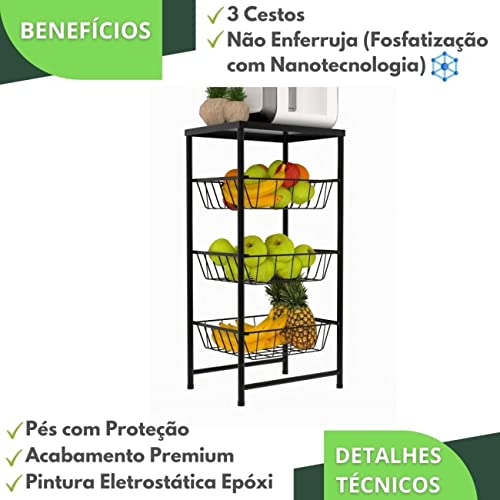 Fruteira de Chão Para Cozinha 3 Andares Cesto Preta Plus