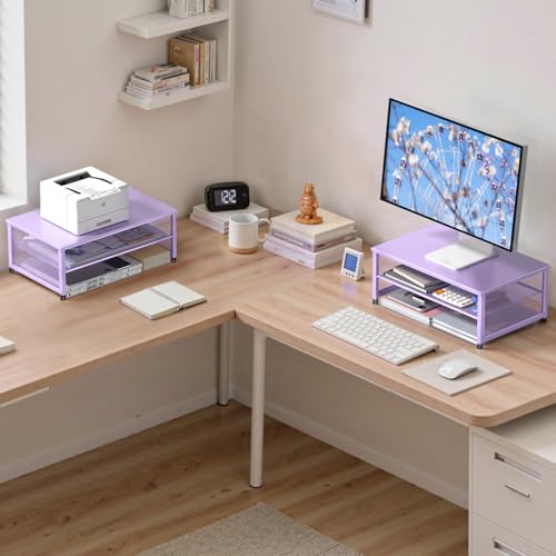 Image of ECOLOVI 2-Tier Computer Monitor Stand Riser, Printer & Laptop Stand, Office Desk Accessories, Workspace Desk Organizer for Home Office Supplies, Purple
