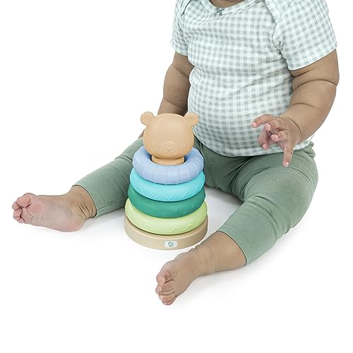 Image of Ingenuity: ity Cutie Stacks, 4 BPA-Free Rings, Faux Wood Stand, Bear Topper, Unisex, for Ages 6 Months and Up - Nate (Pack of 6)